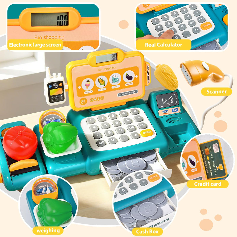 Fegalop credit card and conveyor belt enable realistic checkout role play at home.