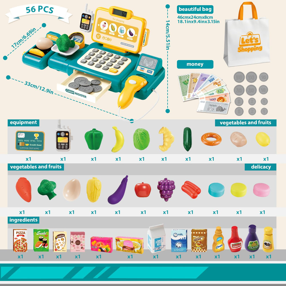 Fegalop grocery store set with sound effects promotes imaginative play and social interaction.