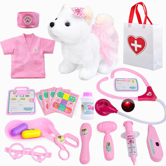 Fegalop Kids Pet Doctor Kit's electric dog in motion for immersive pretend vet care.