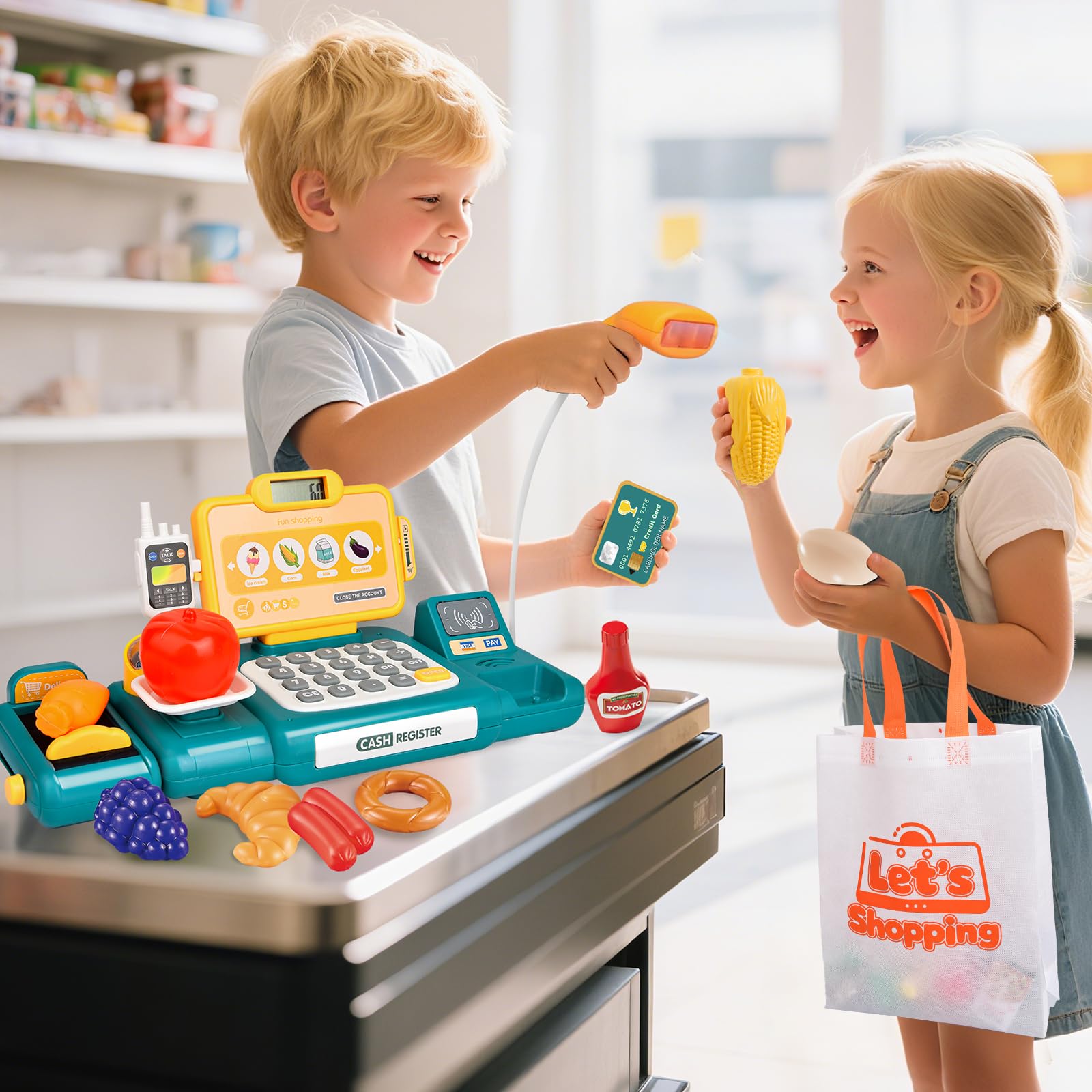 Fegalop shopping bag provides authentic checkout experiences in classroom or home.