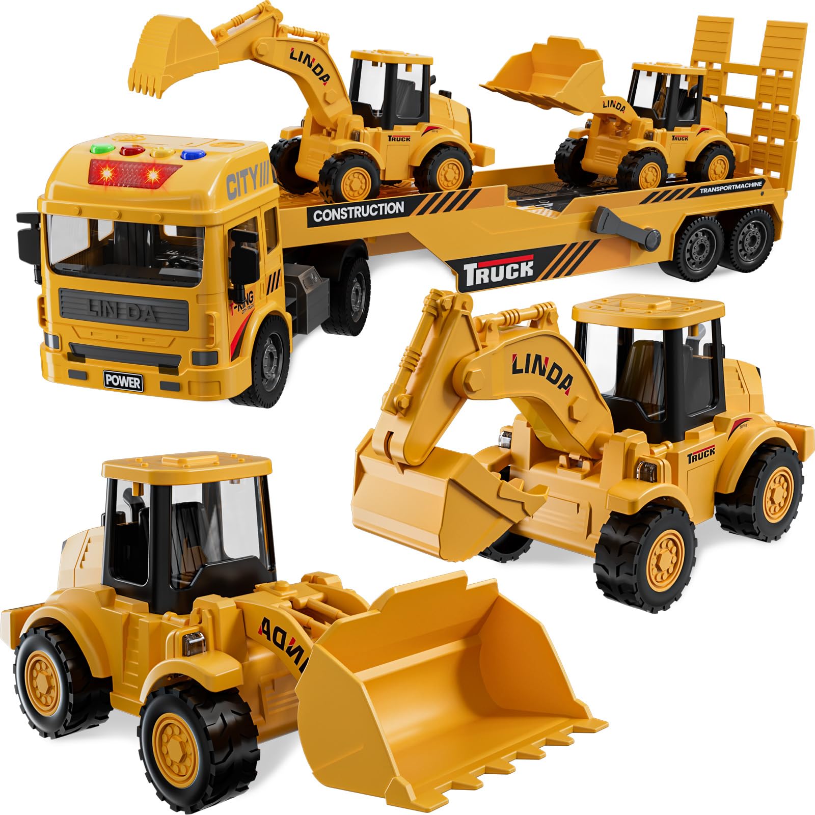 FEIDAMA 3-in-1 excavator-bulldozer truck front view with bright lights for interactive play