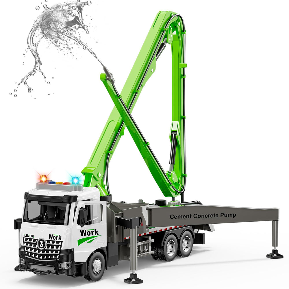 FEIDAMA concrete pump truck toy with extendable boom for dynamic construction play.