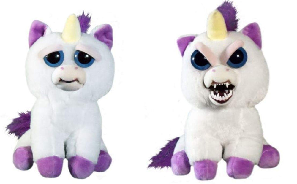 Feisty Pets Glenda Glitterpoop unicorn during a squeeze, a playful mood switch.