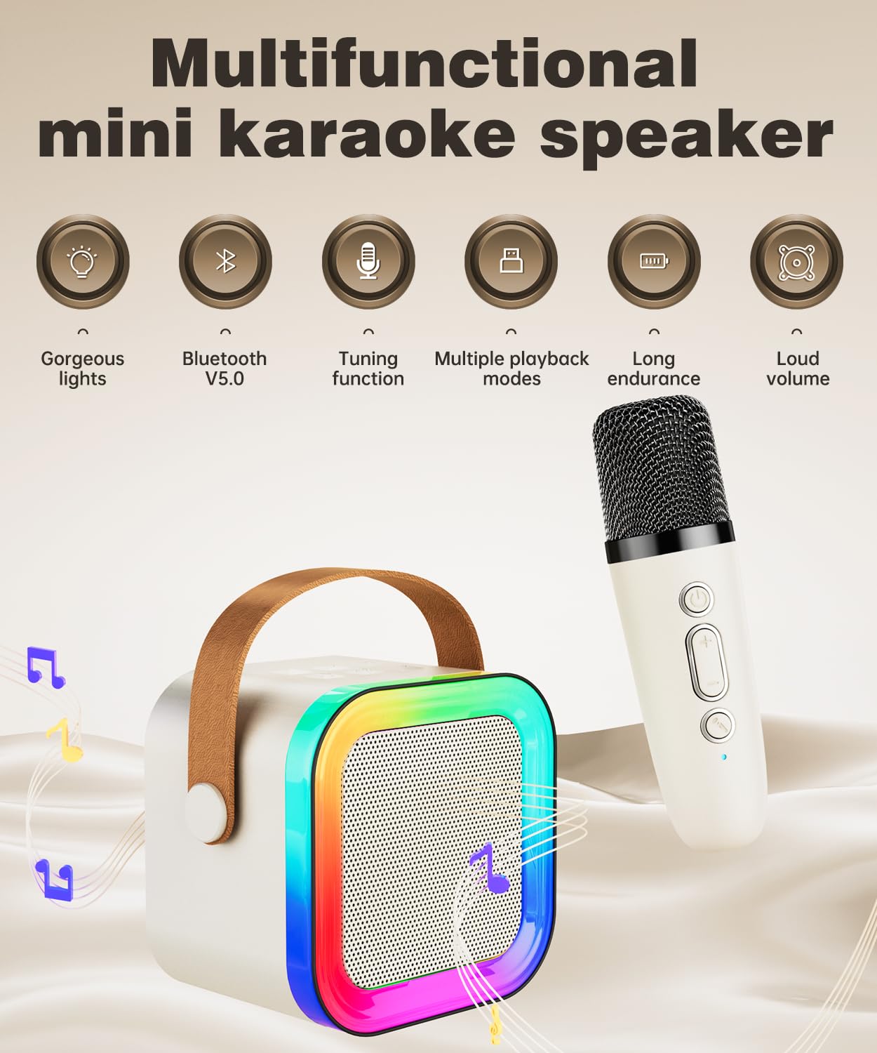 Feix g mini karaoke machine with two wireless microphones for duets.