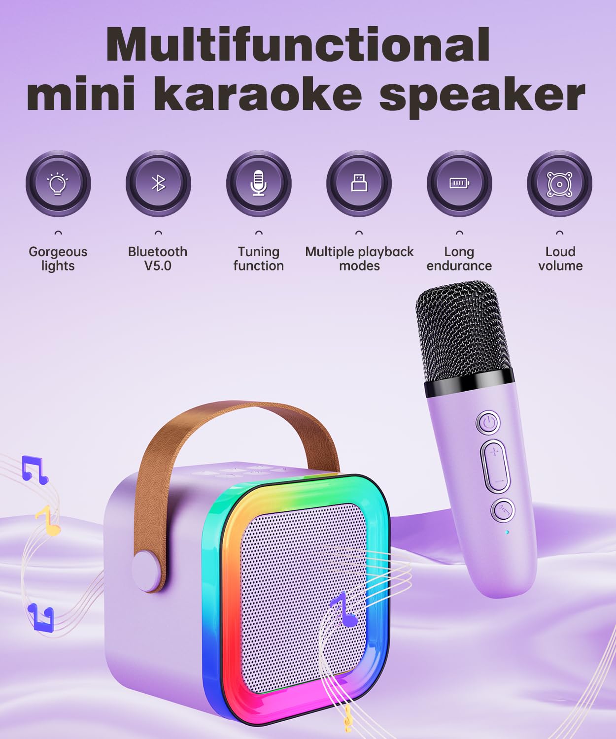 Feix g mini karaoke purple with two wireless microphones included.