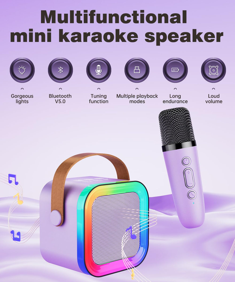 Feix g mini karaoke purple with two wireless microphones included.
