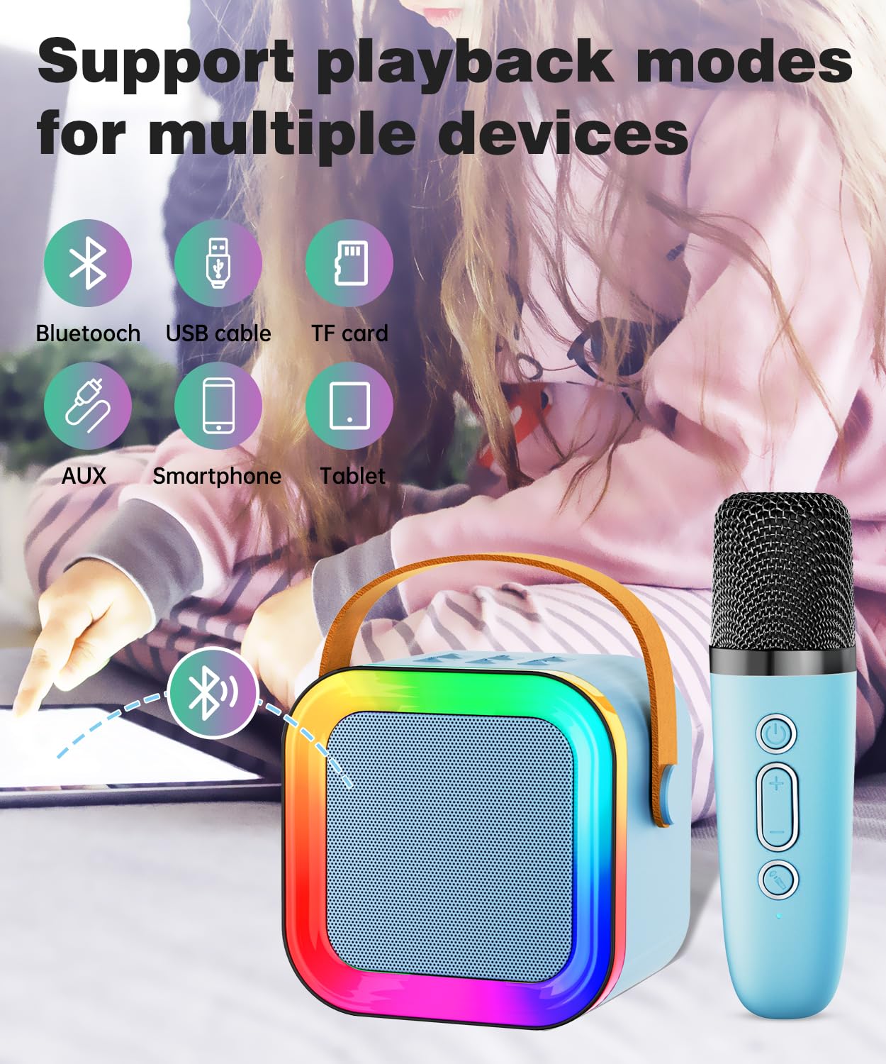 Feix g mini karaoke blue control panel for quick color and sound tweaks.