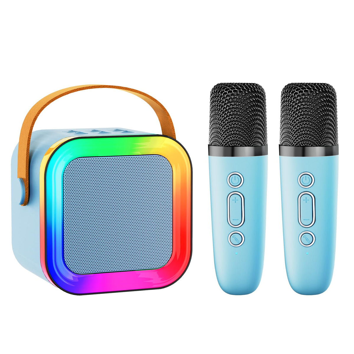 Feix g mini karaoke blue front view, portable family entertainment device.