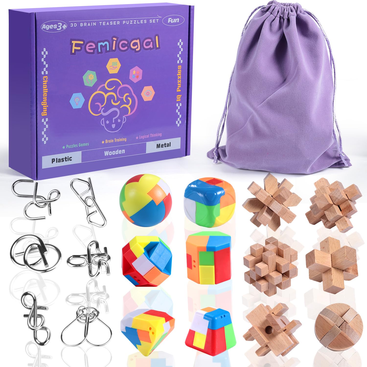 Femicgal wooden puzzle set, six-piece collection, boosts logical thinking and concentration.
