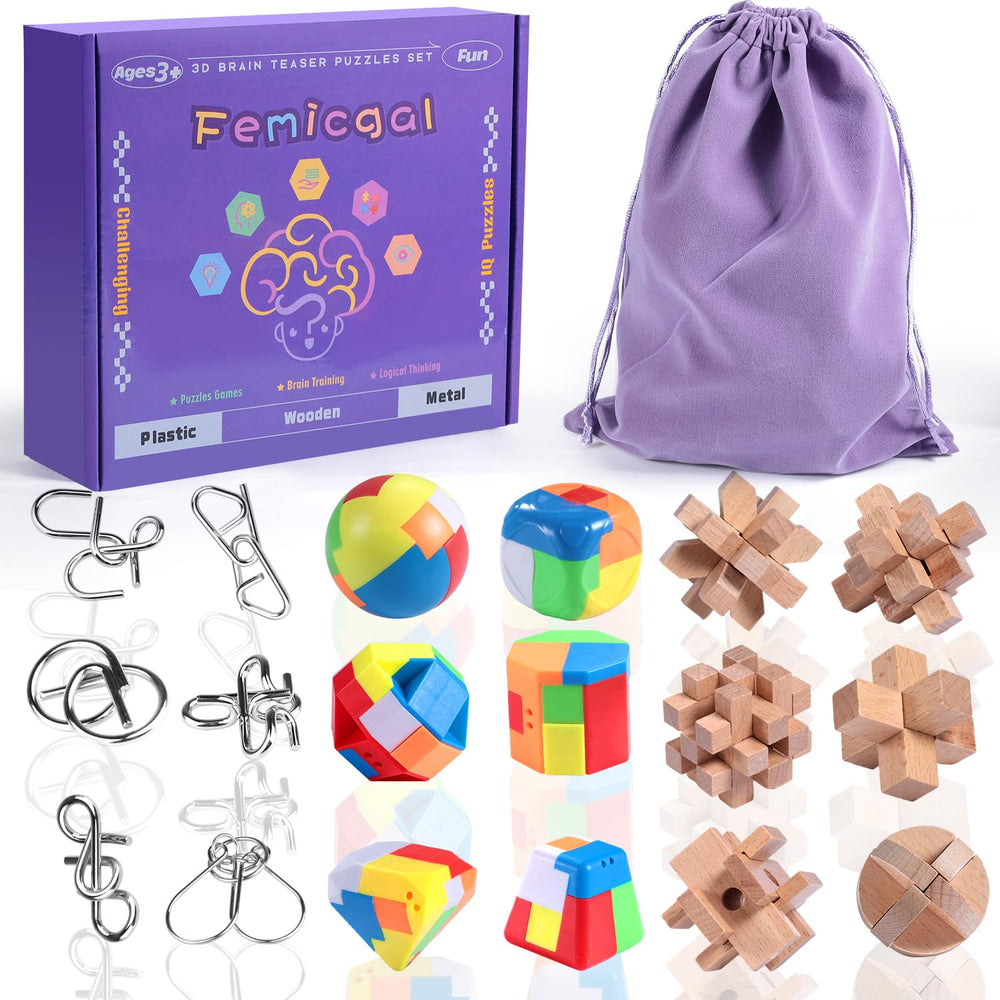 Femicgal wooden puzzle set, six-piece collection, boosts logical thinking and concentration.