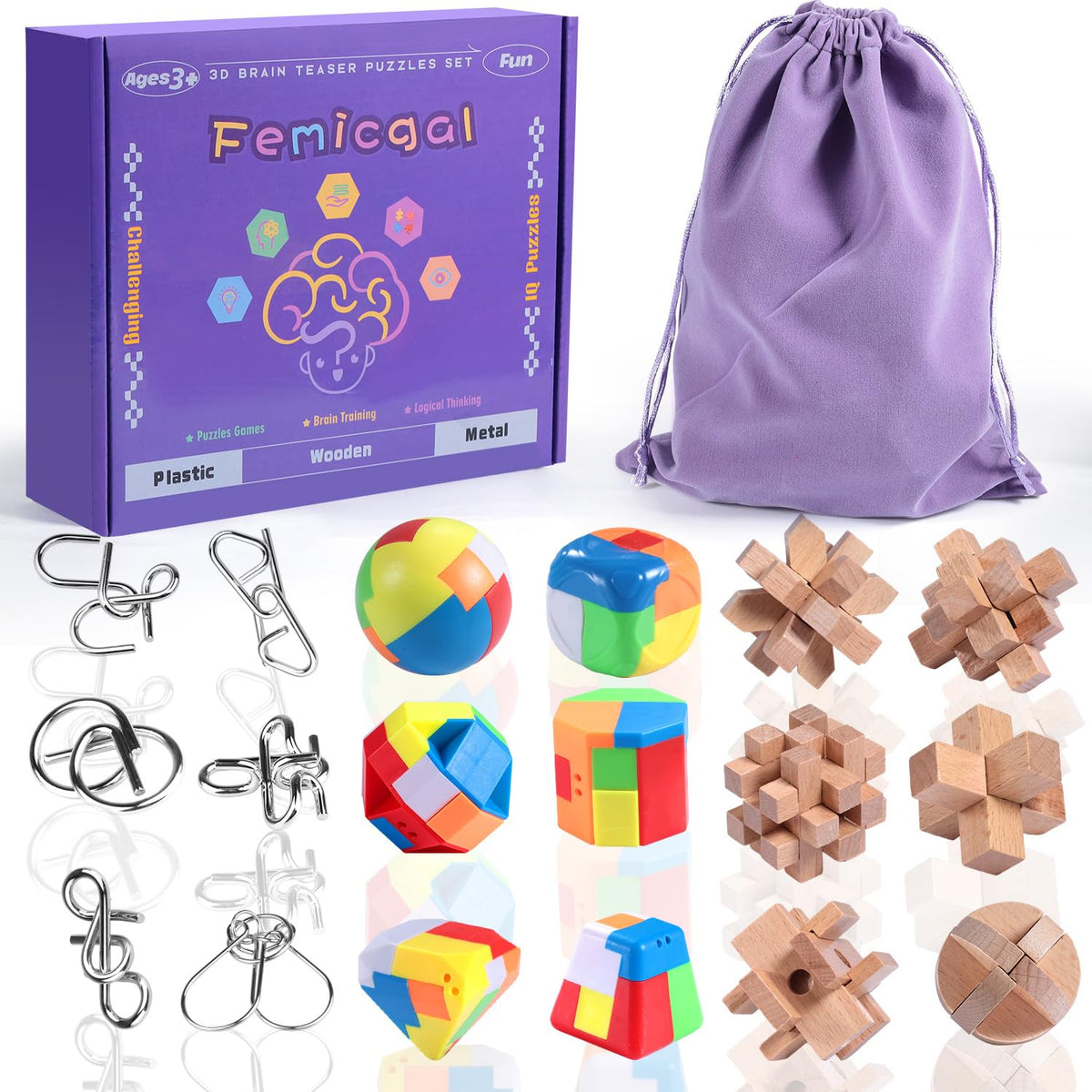 Femicgal wooden puzzle set, six-piece collection, boosts logical thinking and concentration.