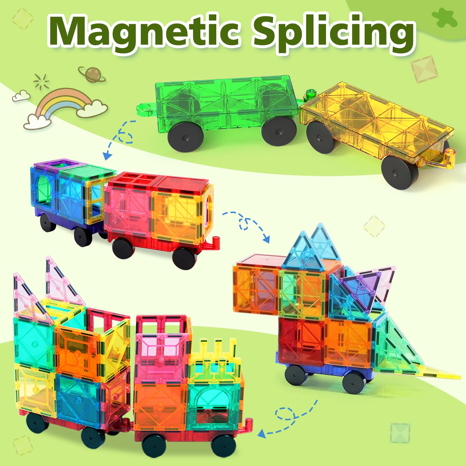 Feoxialy wheel assembly from magnetic tiles cars showing rolling action for fine motor skills.