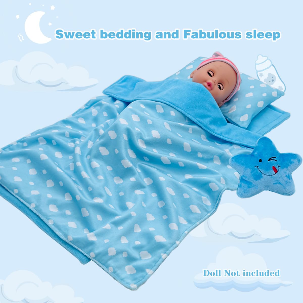 Ferberbears doll bed set blue packaging shows a complete bedtime ensemble.