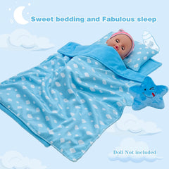 Ferberbears doll bed set blue packaging shows a complete bedtime ensemble.