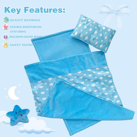 Ferberbears blue mattress provides soft support for doll beds during pretend naps.