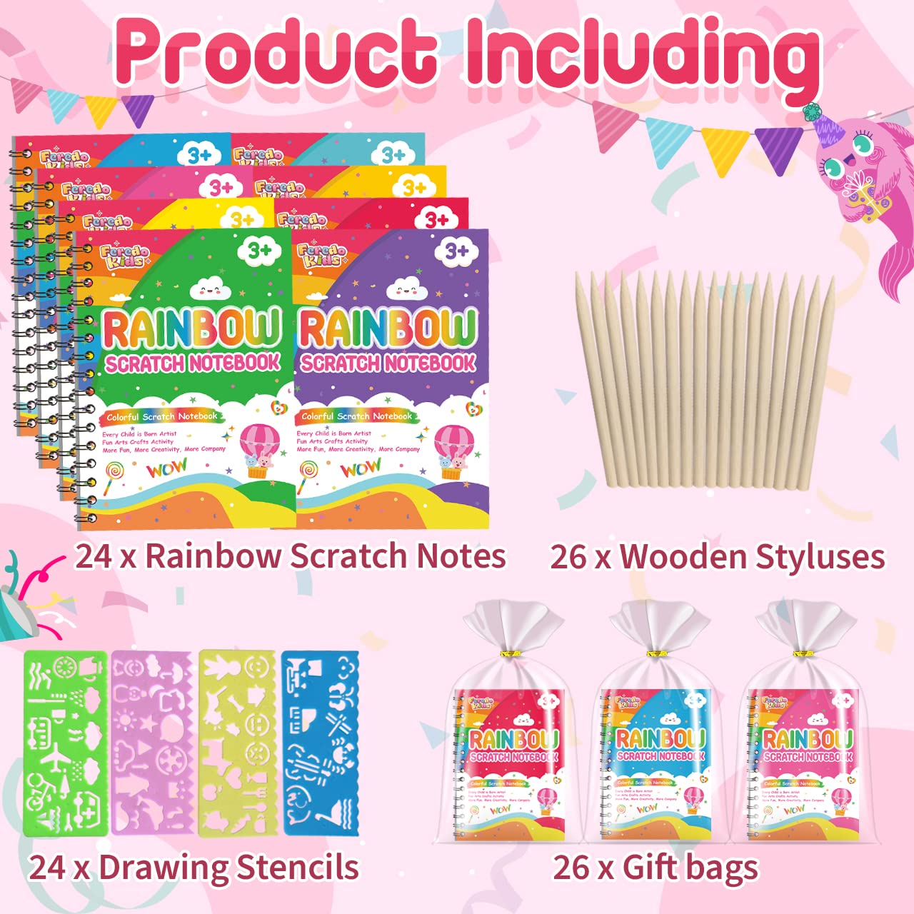 FEREDO KIDS rainbow scratch art notebook interior pages ready for playful doodling.
