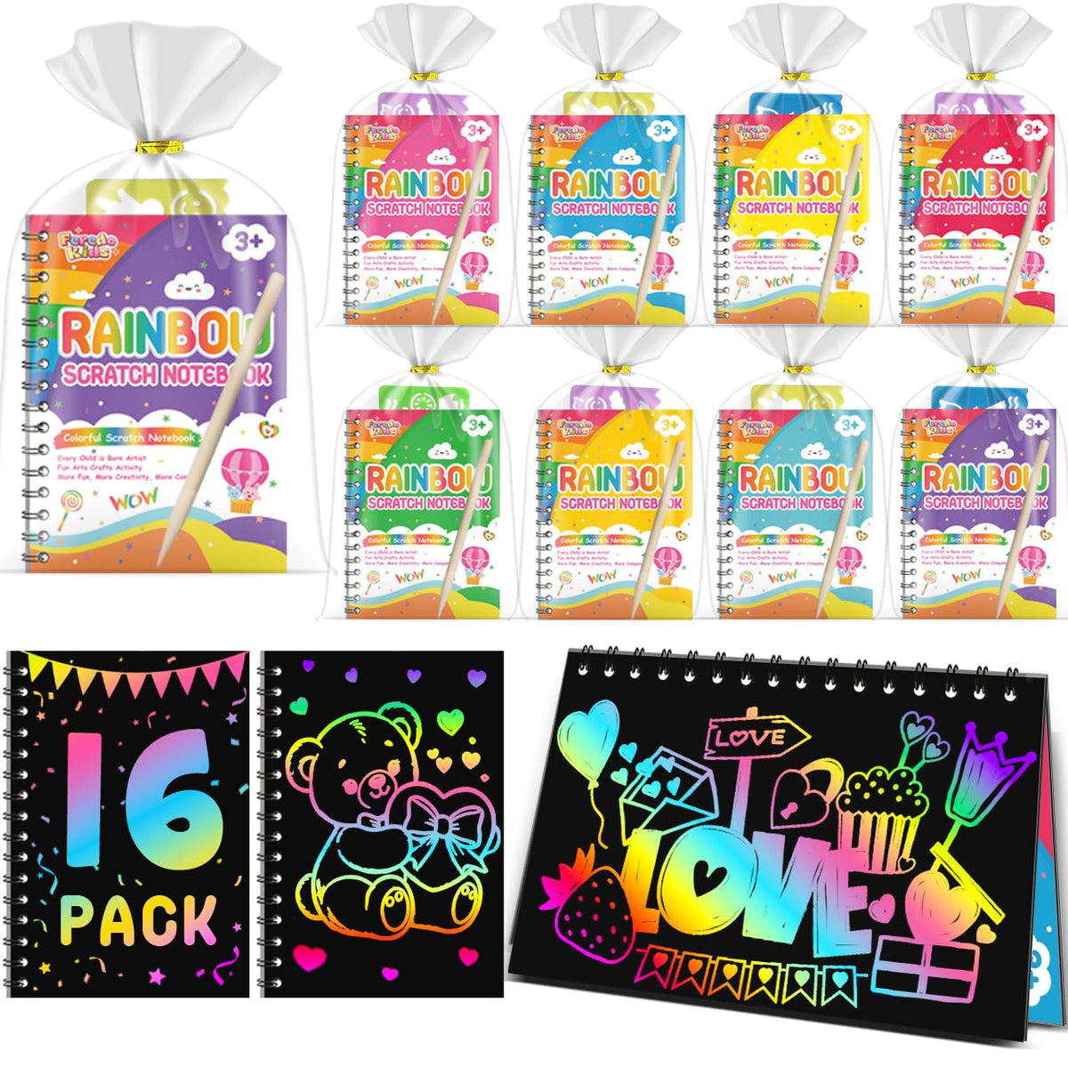 FEREDO KIDS Valentine scratch art notebook reveals rainbow colors with each scratch