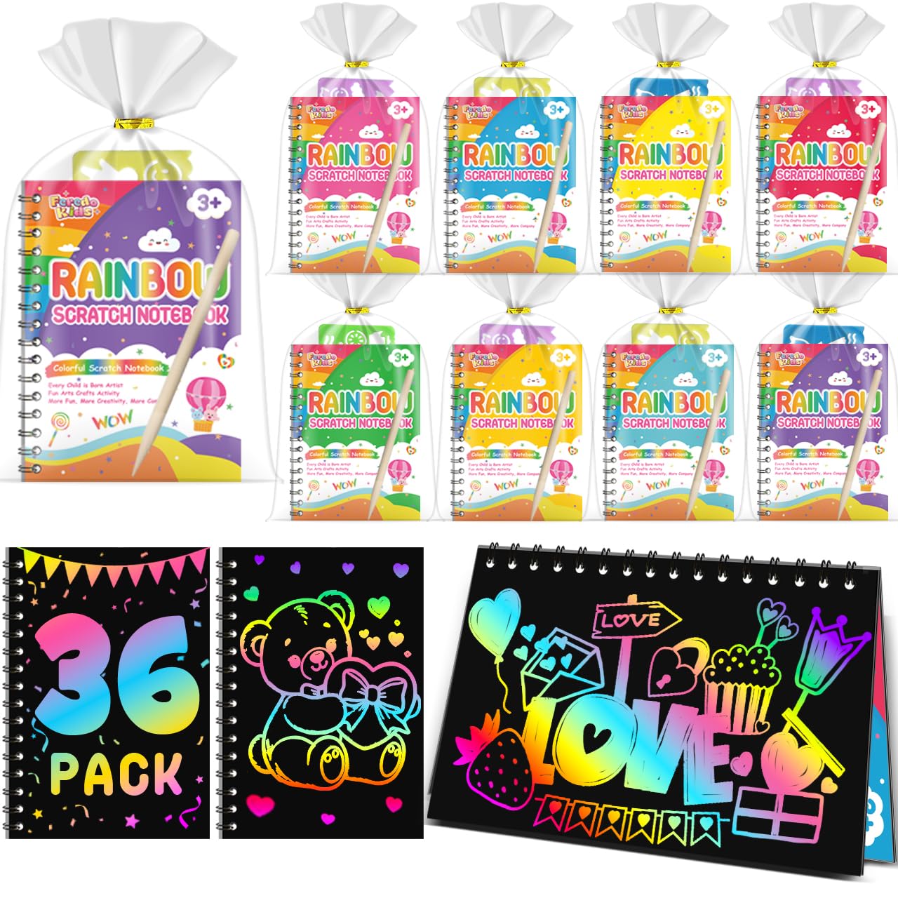 FEREDO KIDS valentines scratch art notebook 36-pack ready for classroom gifts and creative doodling.
