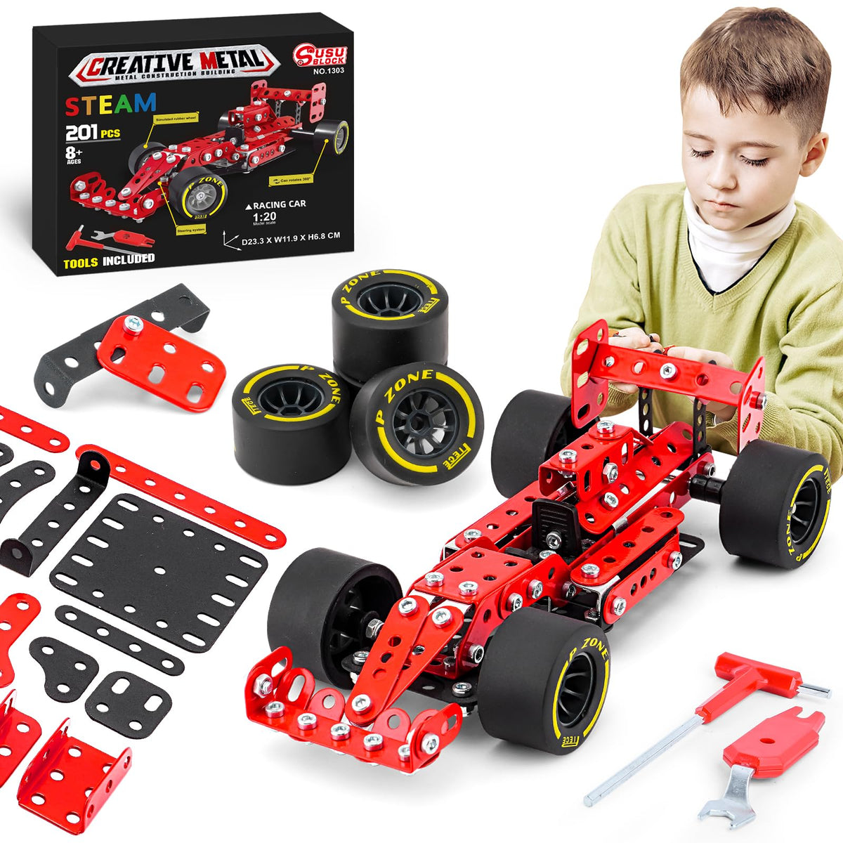 Ferthor Fun red racing car model kit, front view, durable metal construction for long-lasting builds.