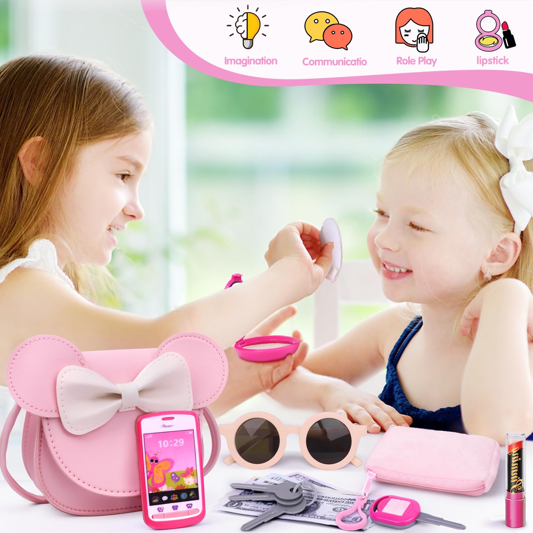 FFTROC pink crossbody purse for kids to carry pretend essentials.