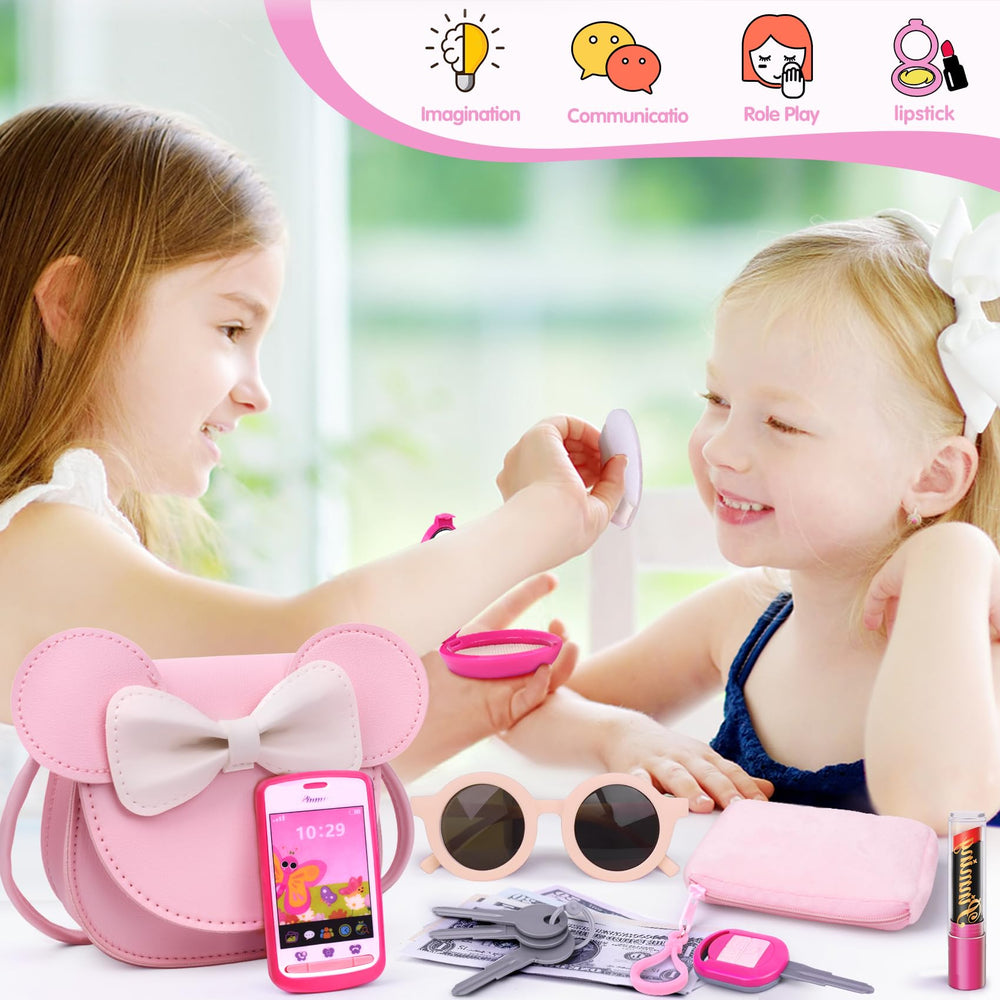 FFTROC pink crossbody purse for kids to carry pretend essentials.