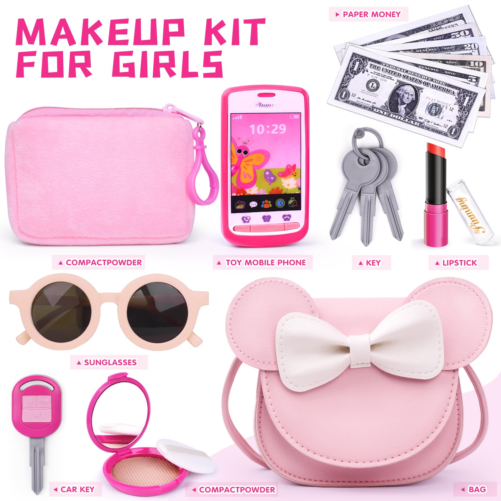FFTROC pretend play purse set accessories highlight kids' dress-up possibilities.