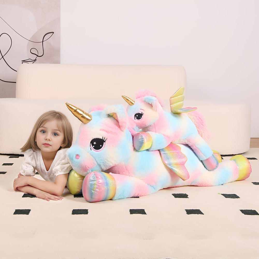 Colorful FFxiong unicorn plush decor adds whimsy to bedrooms.
