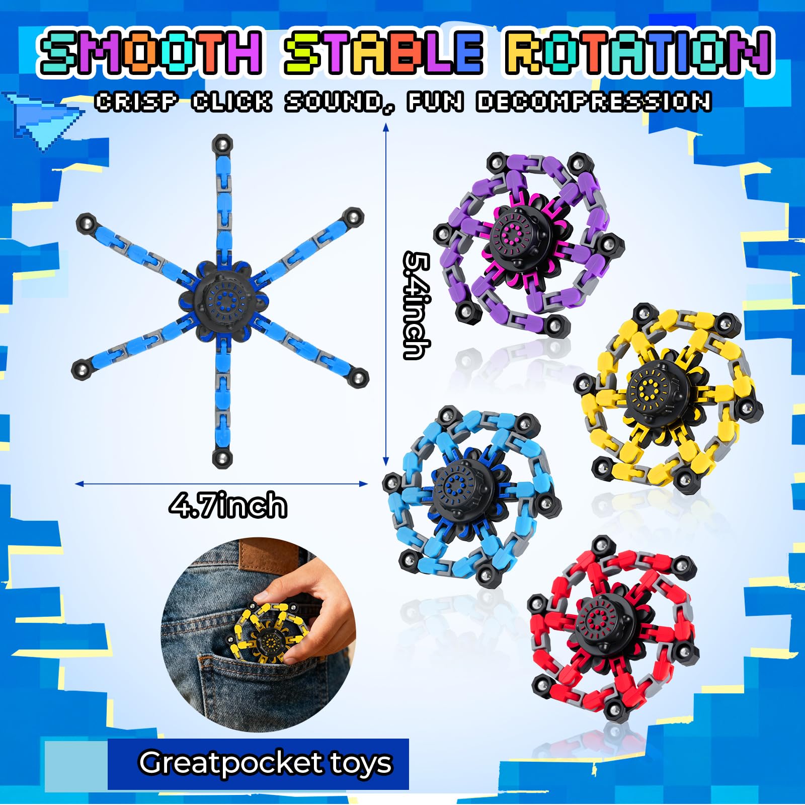 FGYLYOX deformable chain toy highlights squeeze-and-spin action for hand coordination.