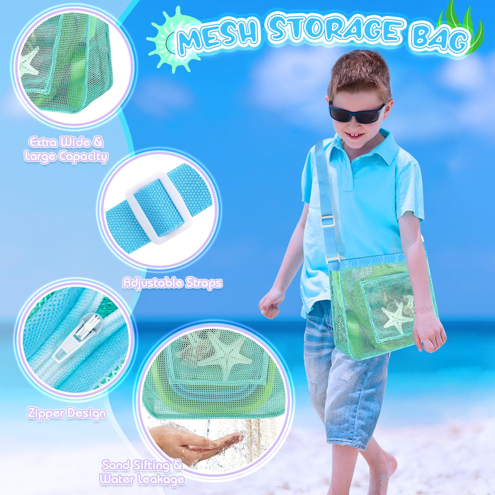 FHOZGECY mesh bags for drying and organizing beach gear.