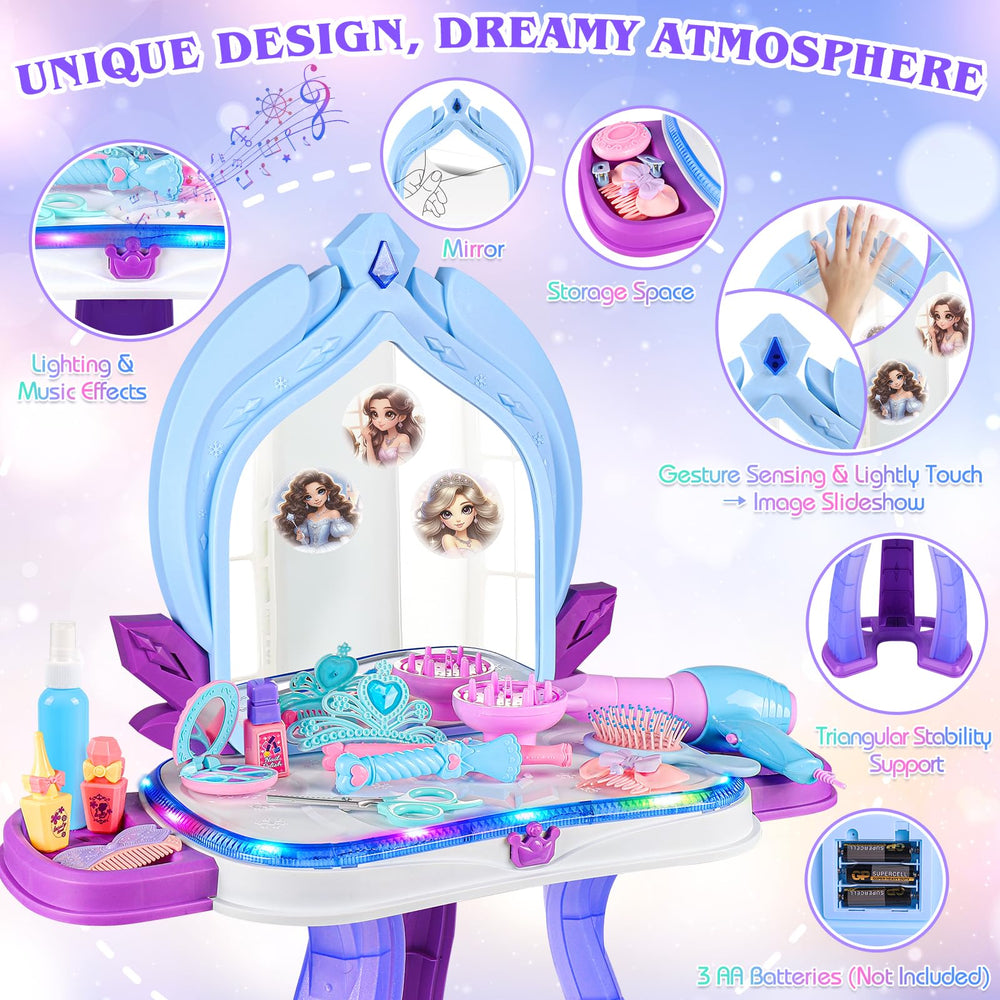 FHOZGECY princess vanity playset with accessories supports fine motor skills.