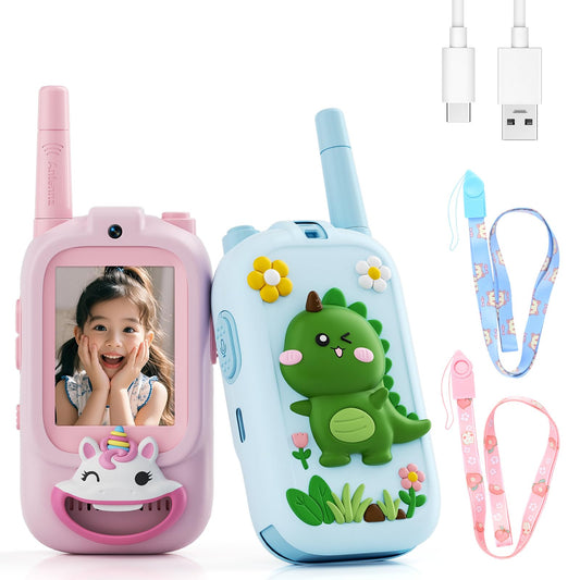 FHskFH video walkie talkies with blue and pink cases provide durable playtime.