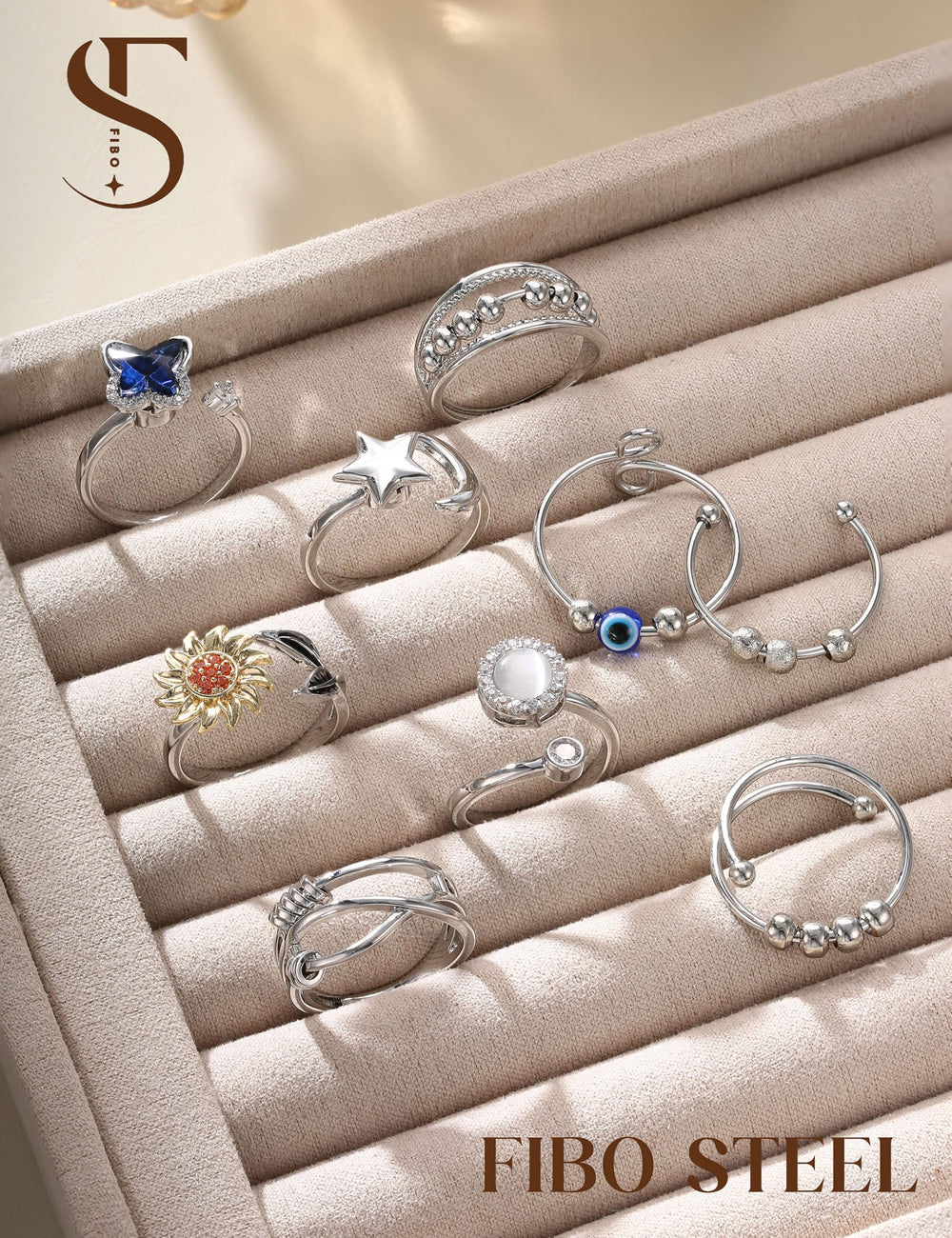 FIBO STEEL Open design ring shows adjustable fit for many sizes