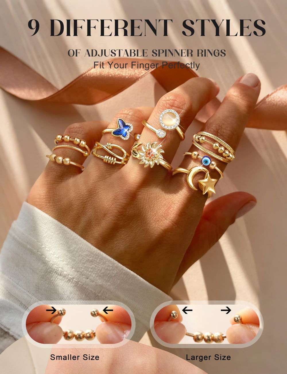 FIBO STEEL Moon Star fidget ring—celestial charm for day-to-night wear.