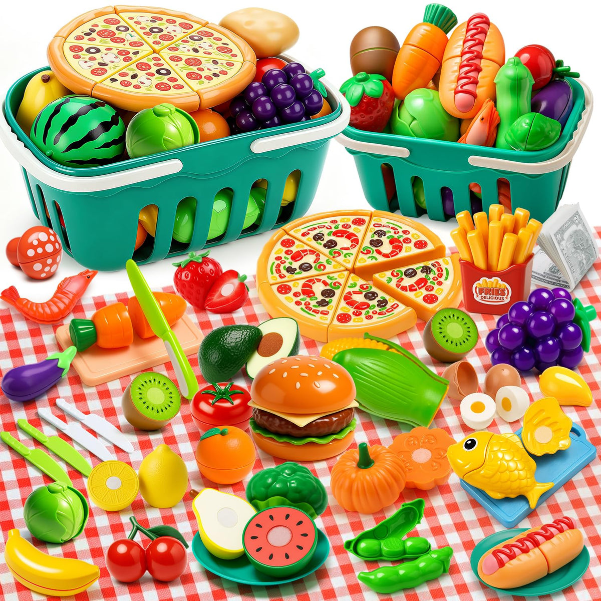 Fiderix 120pcs play food set with fruits and vegetables for imaginative kitchen play.