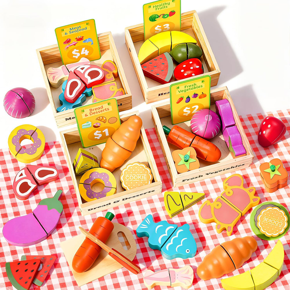 Fiderix play foods with colorful wooden fruits for sorting and imaginative play.