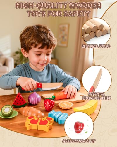 Fiderix wooden vegetables and meats promote safe pretend cooking.