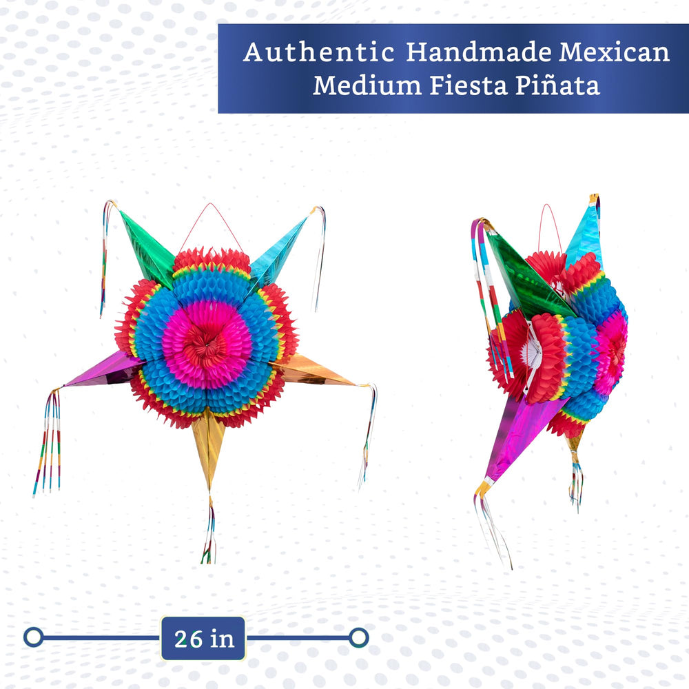 Fiesta Wraps pinata with colorful foil streamers enhances vibrant decor.