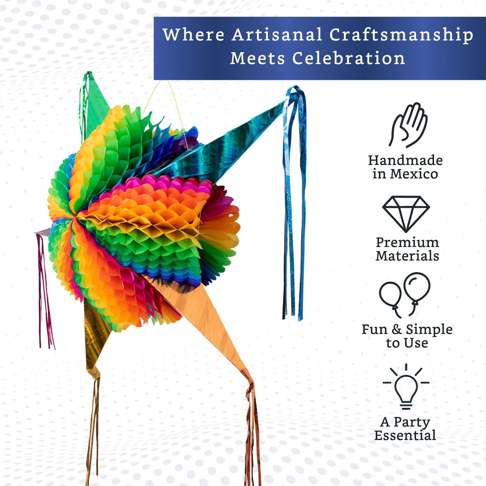 Fiesta Wraps pinata with foil streamers adds festive sparkle to any venue.