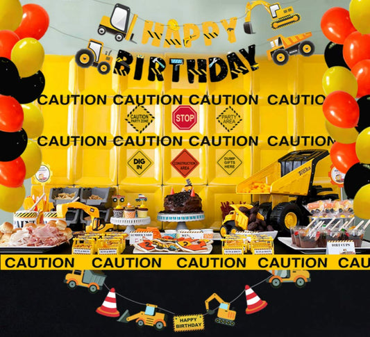 FIGEPO vehicle banner with excavator, bulldozer, and truck for dynamic party decor.