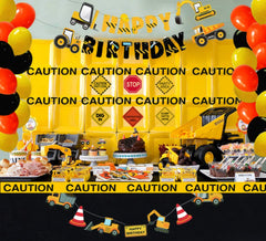 FIGEPO vehicle banner with excavator, bulldozer, and truck for dynamic party decor.