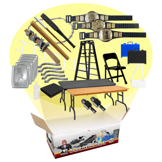 Figures Toy Company breakable tables in a 30-piece wrestling set for dramatic ring moments.