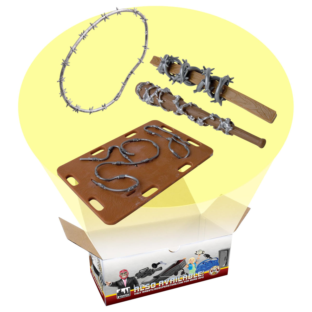 Figures Toy Company barbed-wire board prop for dramatic wrestling figure displays.