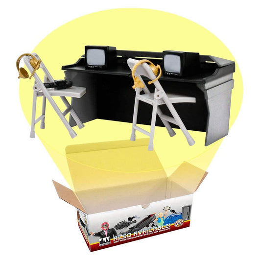 Figures Toy Company Black and Gray Commentator Table Playset enhances wrestling storytelling with authentic on-stage setup.