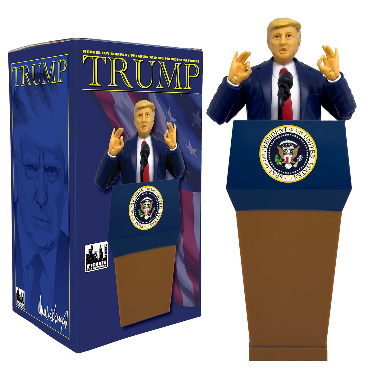 Figures Toy Company President Trump talking figure ready for display and expressive posing.