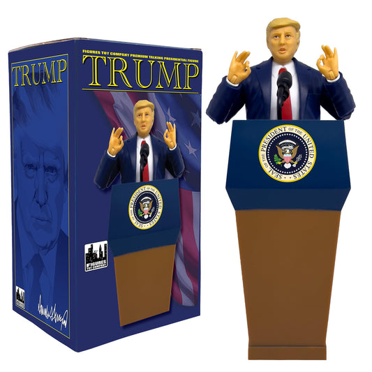 Figures Toy Company President Trump talking figure ready for display and expressive posing.