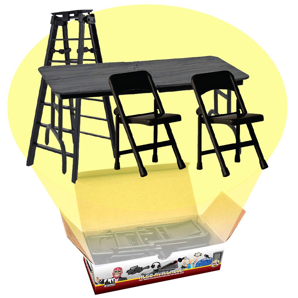 Figures Toy Company Ultimate Ladder Table Chairs Black Playset enables high-stakes ladder matches.