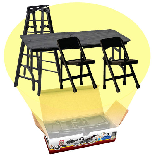 Figures Toy Company Ultimate Ladder Table Chairs Black Playset enables high-stakes ladder matches.