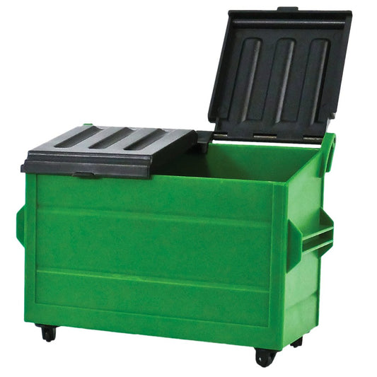Figures Toy Company green dumpster for wrestling action figures with opening lid and rolling wheels.