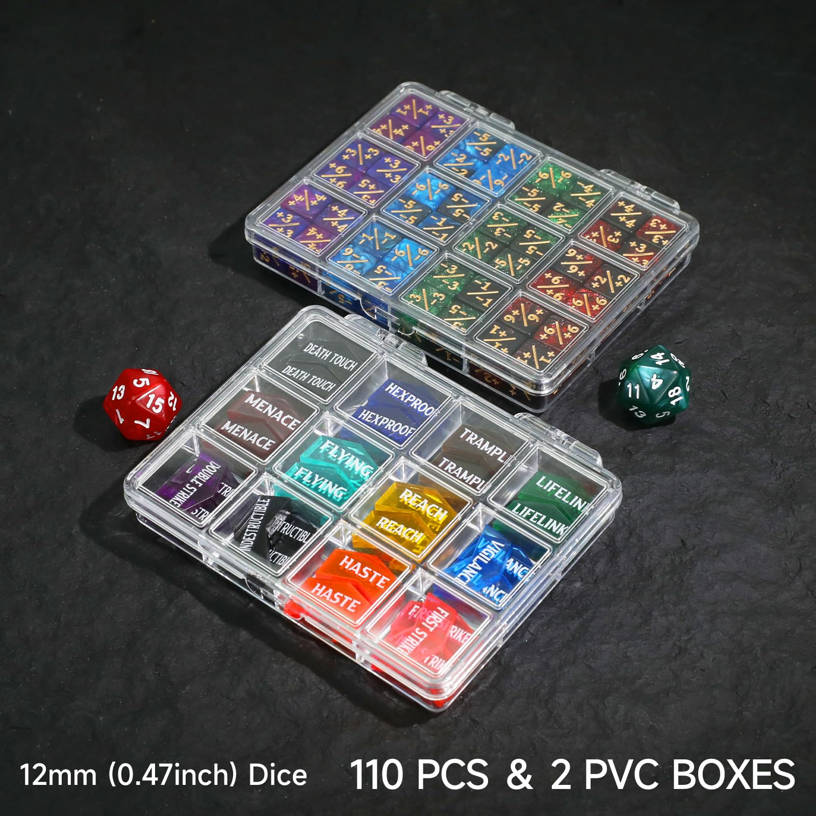FIGURESLAB D20 dice close-up with clear lettering for easy reading.