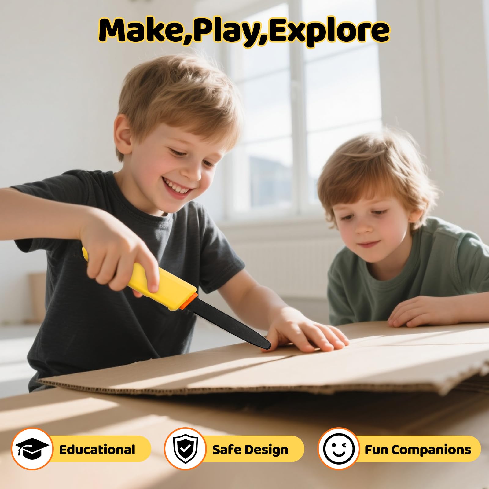 FIIOEOY crafting ideas board showing kids building cardboard models